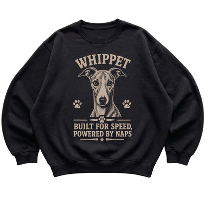 Black crewneck sweatshirt featuring Built For Speed, Powered By Naps - Whippet, laid-flat presentation