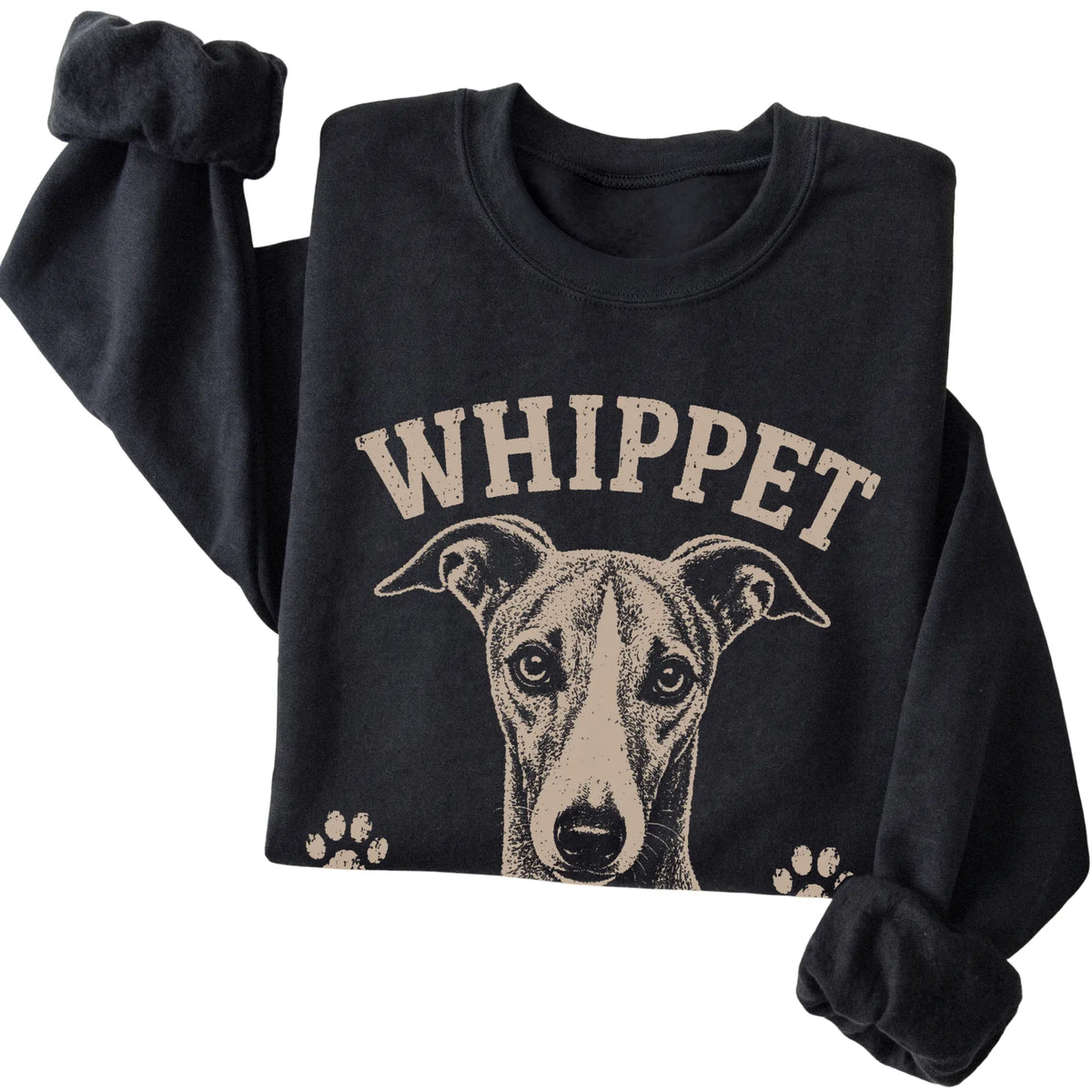 Black crewneck sweatshirt featuring Built For Speed, Powered By Naps - Whippet, folded presentation