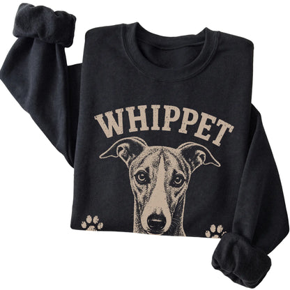Black crewneck sweatshirt featuring Built For Speed, Powered By Naps - Whippet, folded presentation