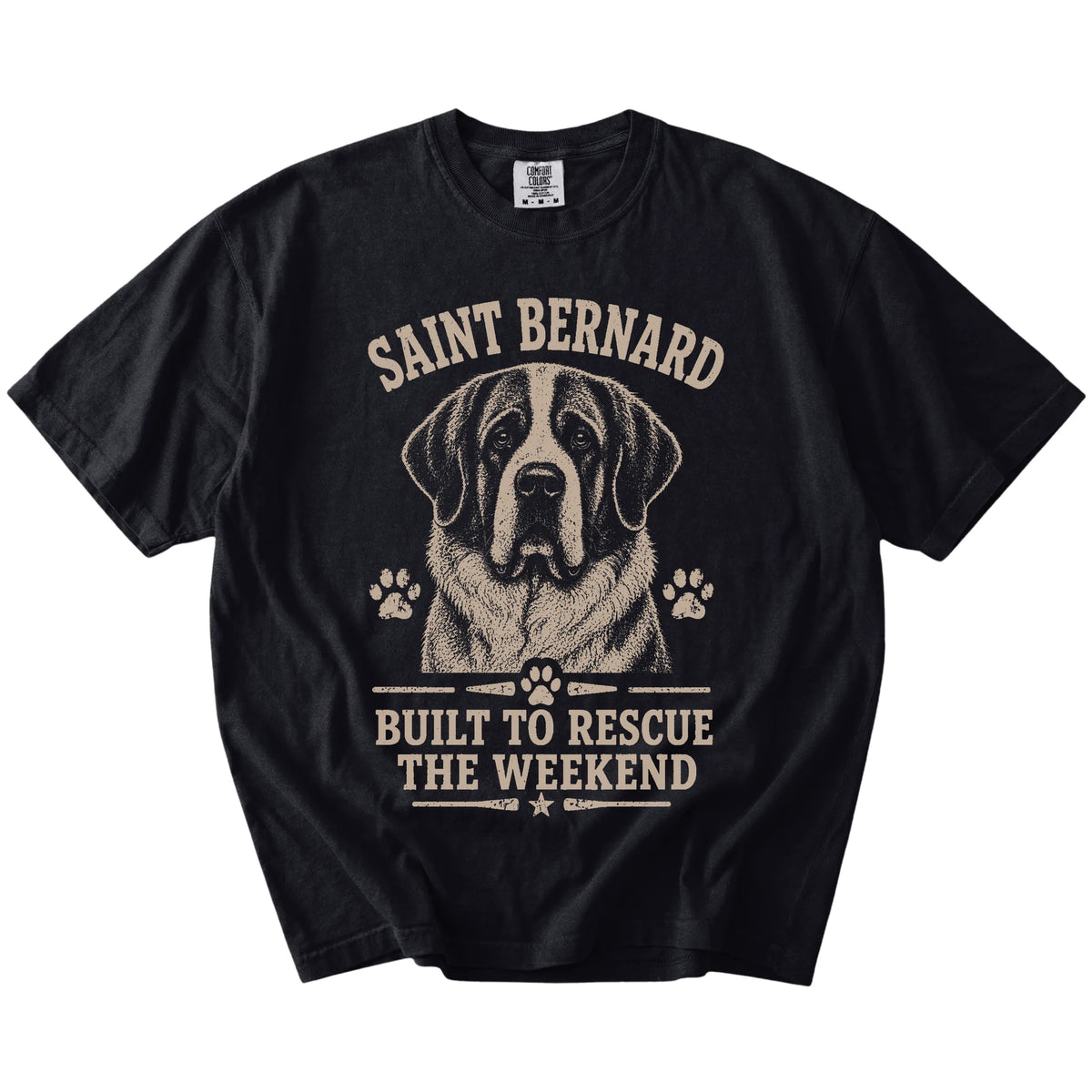 Saint Bernard design with “Built To Rescue The Weekend” lettering on a Black Comfort Colors® T-shirt