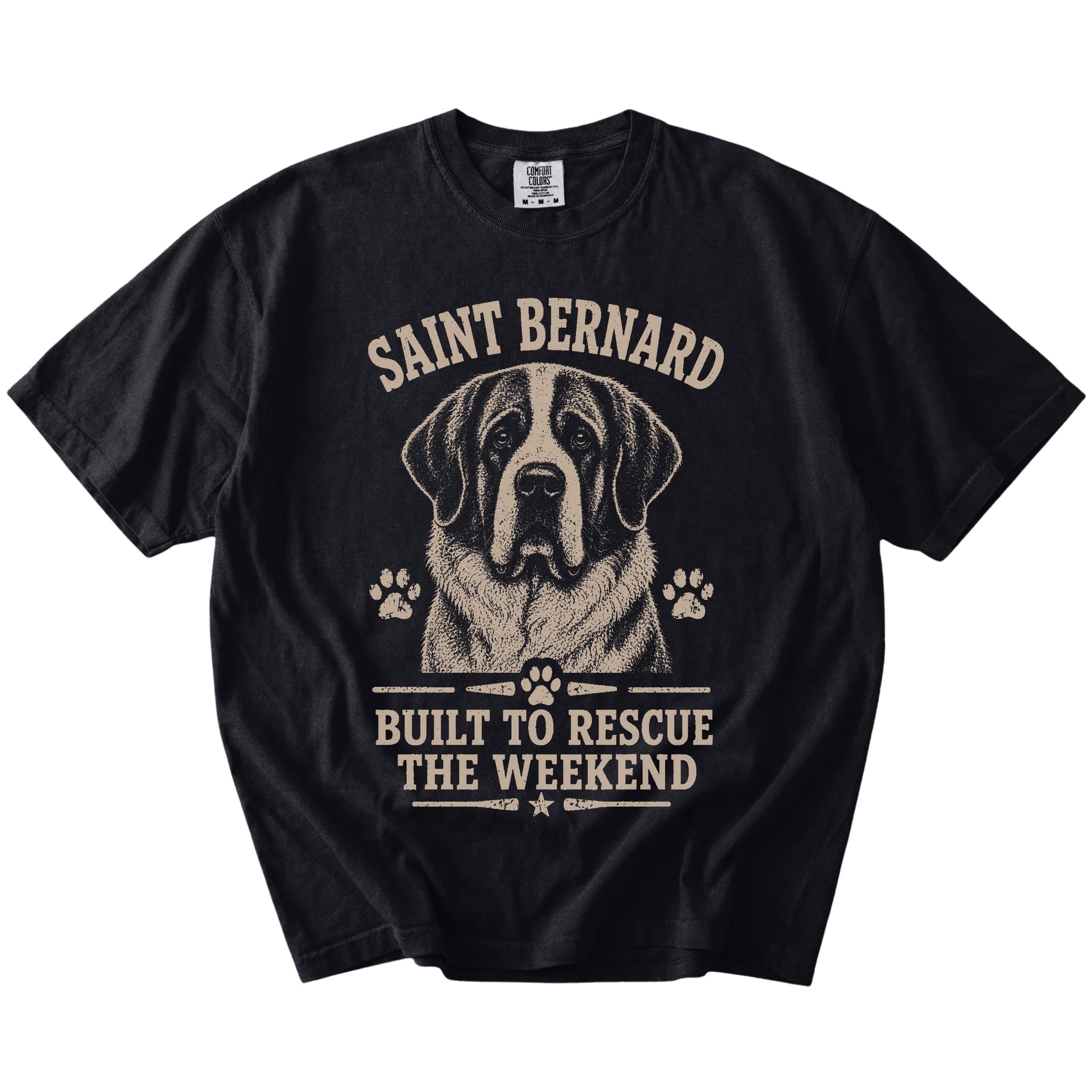 Saint Bernard design with “Built To Rescue The Weekend” lettering on a Black Comfort Colors® T-shirt