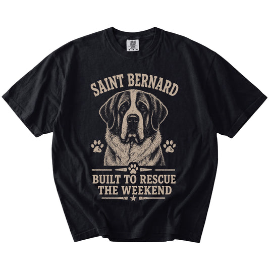 Saint Bernard design with “Built To Rescue The Weekend” lettering on a Black Comfort Colors® T-shirt