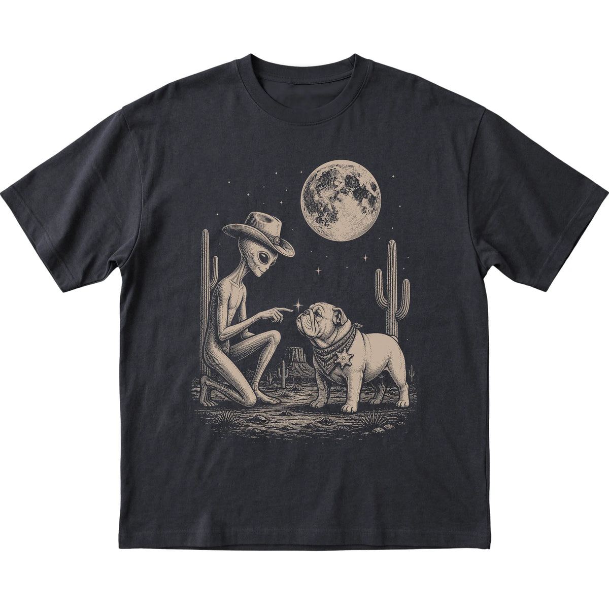 Black T-shirt featuring Bulldog Cowboy and Alien, laid-flat presentation