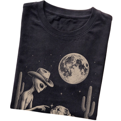 Black T-shirt featuring Bulldog Cowboy and Alien, folded presentation