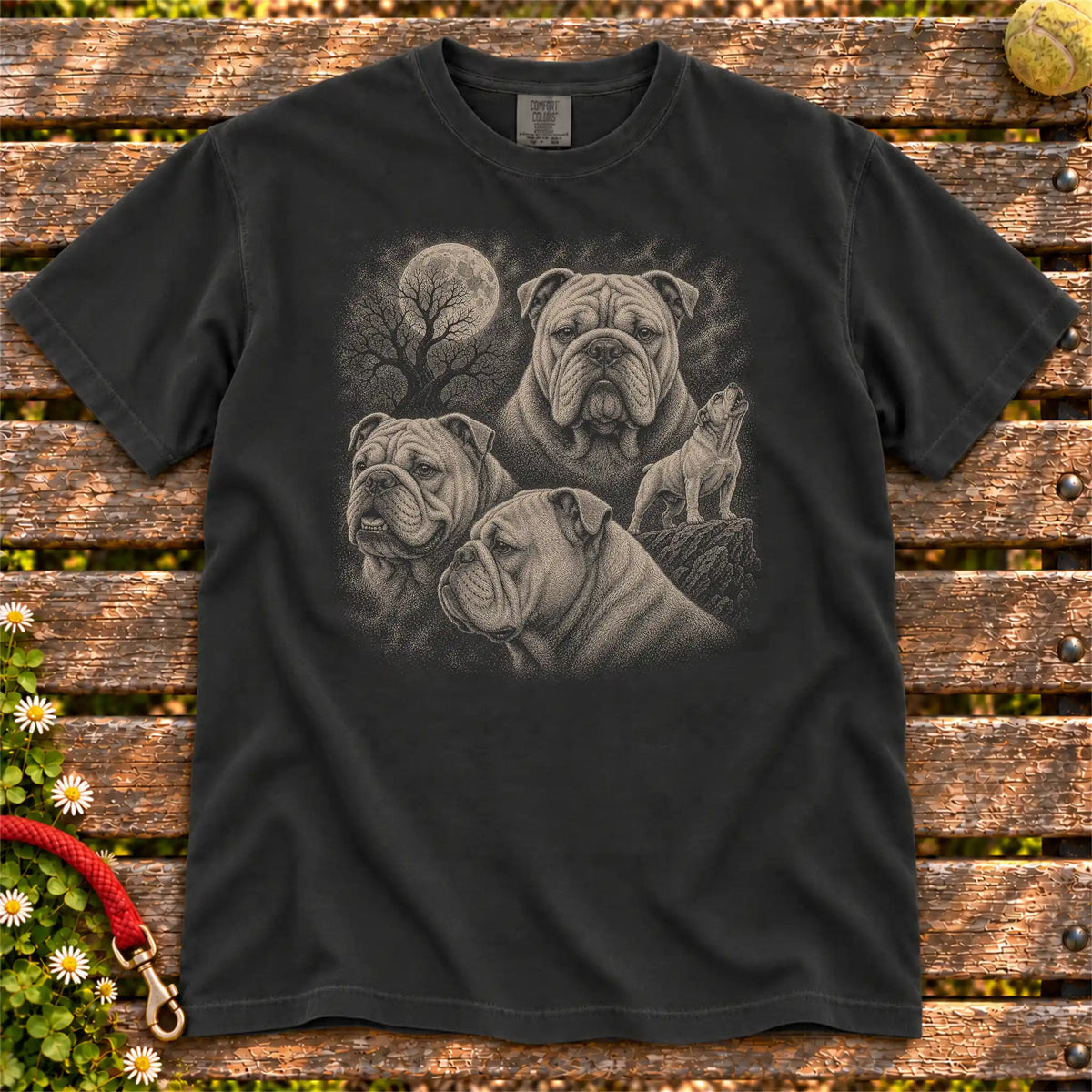 English Bulldog 90s Moon design on a Black T-shirt shown flat