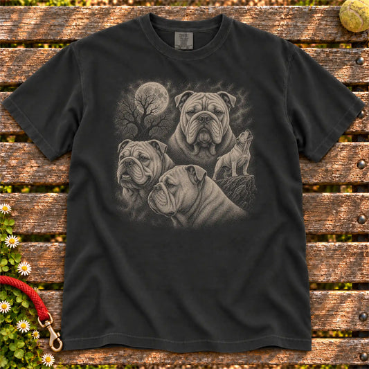 English Bulldog 90s Moon design on a Black T-shirt shown flat