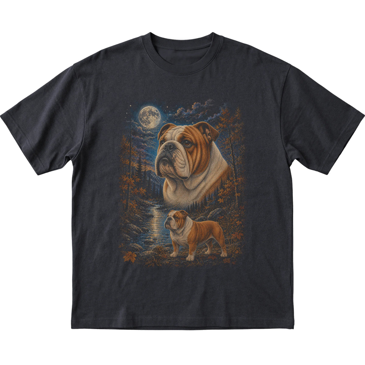 black T-shirt with Bulldog Autumn Moon artwork.