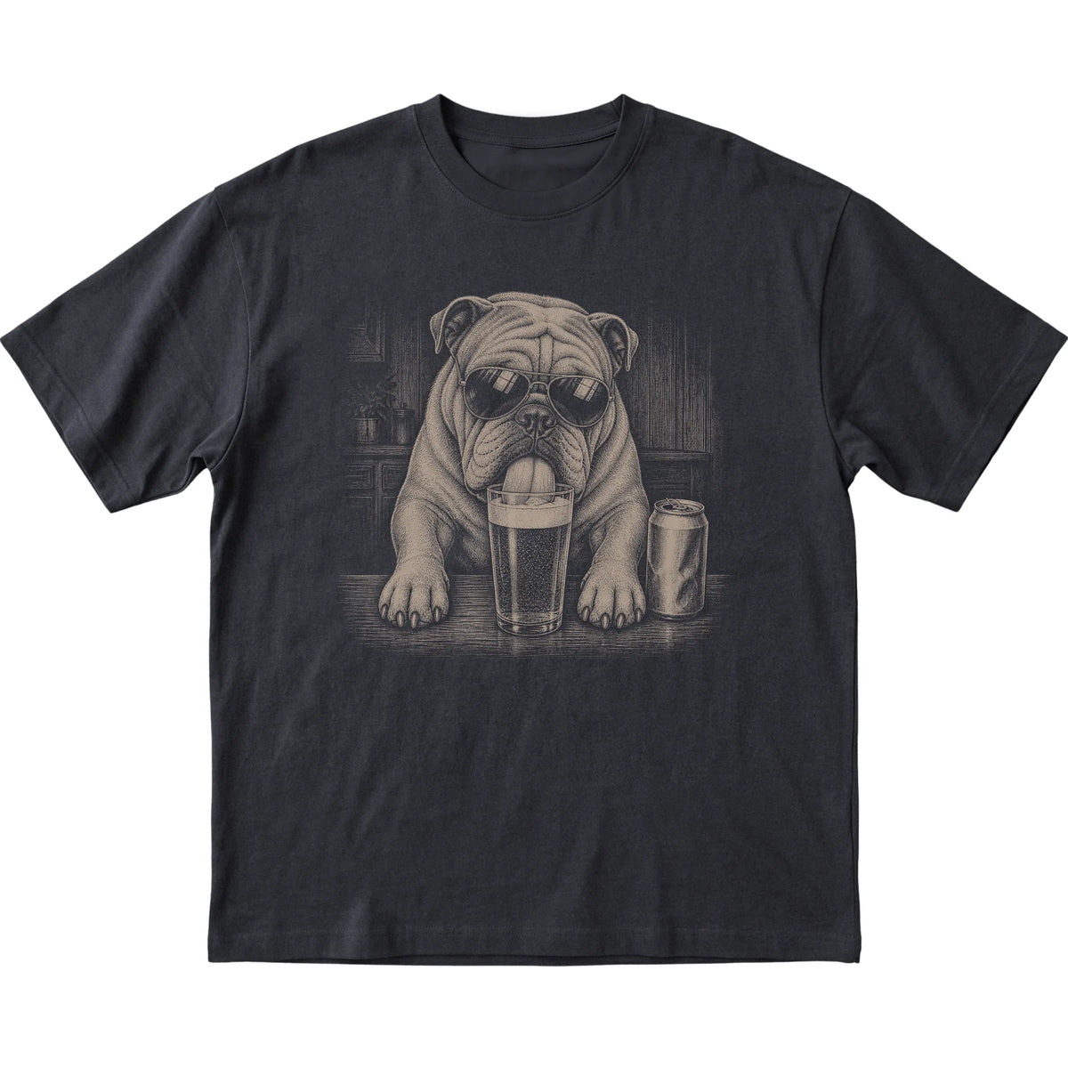 Black English Bulldog drinking from a pint at a bar, laid flat