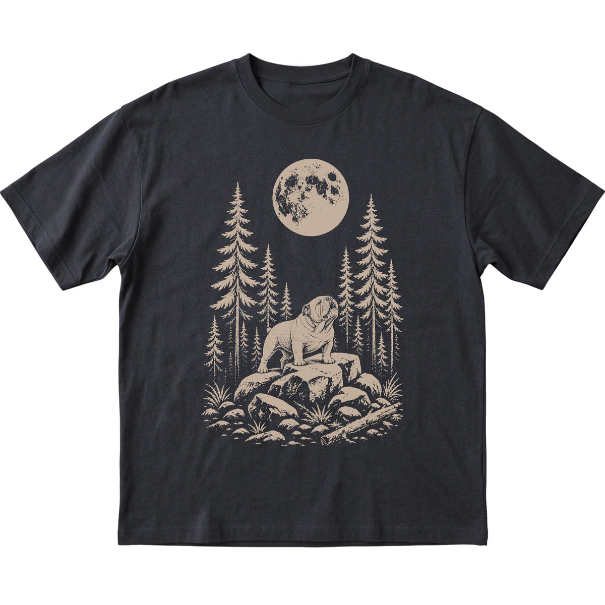 Close view of Bulldog Howling at the Moon artwork on Black softstyle T-shirt
