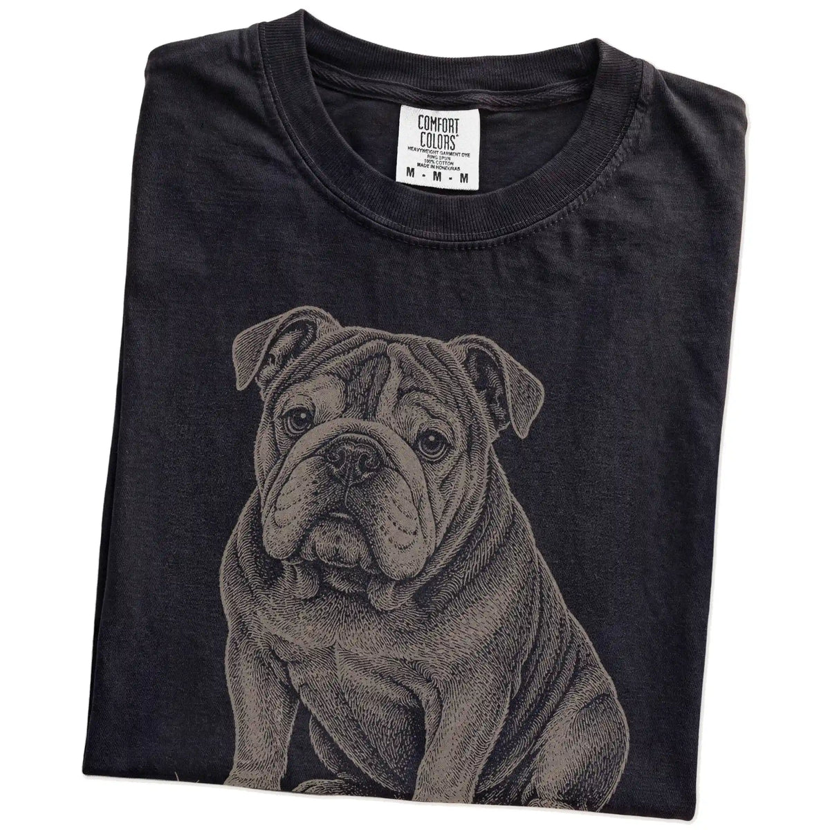 Folded Black Bulldog Karma T-Shirt showing the graphic