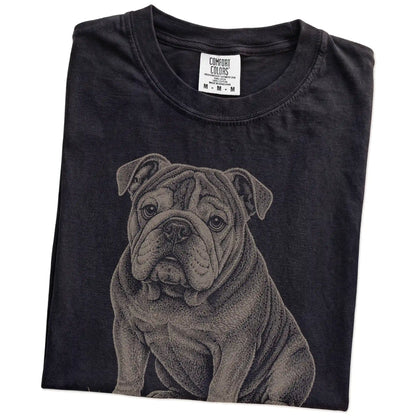 Folded Black Bulldog Karma T-Shirt showing the graphic