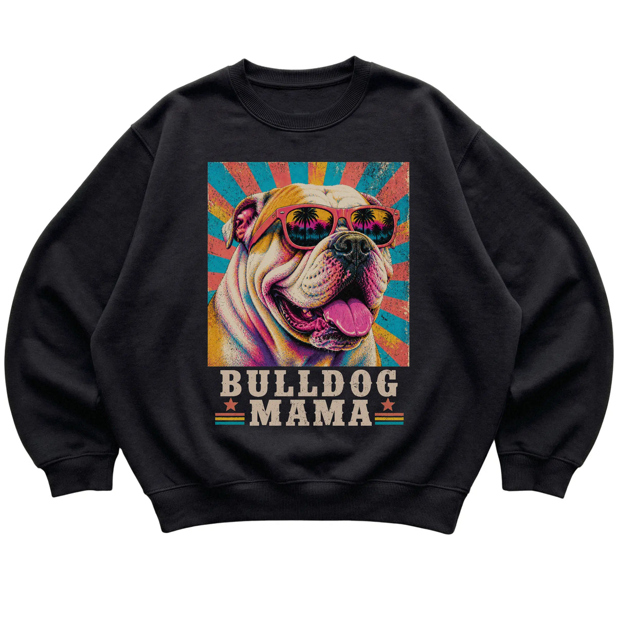 Retro Bulldog Mama design on a Black crewneck sweatshirt