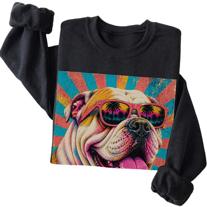 Folded Black crewneck sweatshirt with a Retro Bulldog Mama design