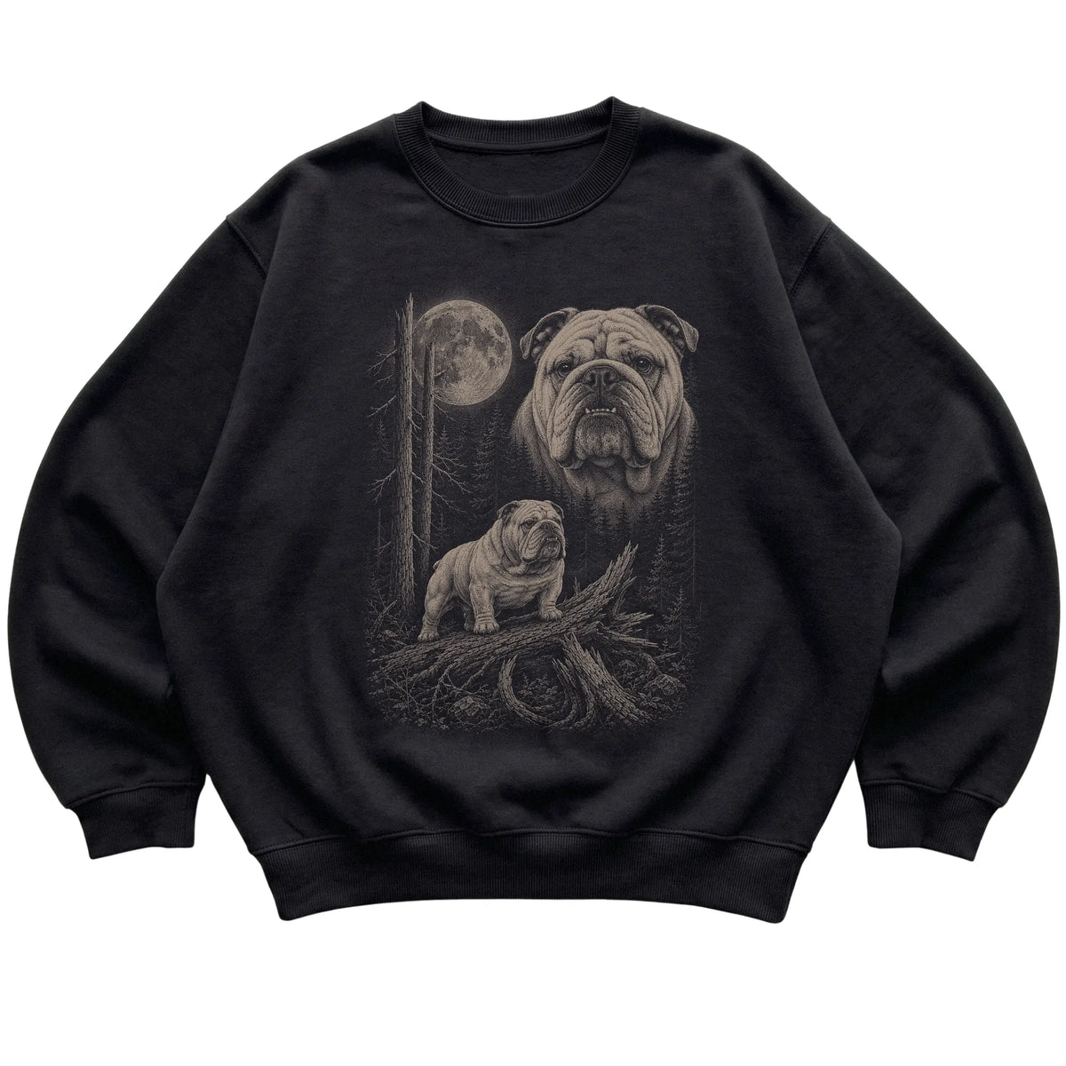Bulldog Moonlit Forest graphic on a black crewneck sweatshirt laid flat