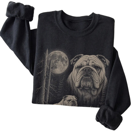 Folded black crewneck sweatshirt showing the Bulldog Moonlit Forest graphic