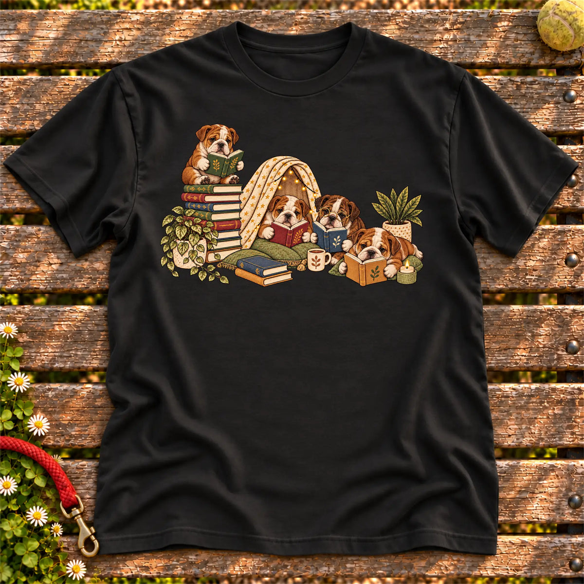 Bulldog puppies reading books in a cozy blanket fort on a Black T-shirt