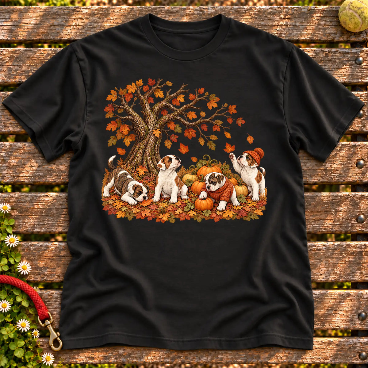 Four Bulldog puppies with pumpkins beneath an autumn tree on a Black softstyle T-shirt