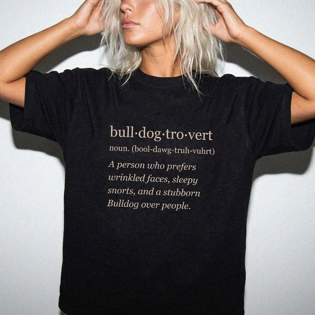 Woman wearing a Black Bulldog Tro-Vert Comfort Colors T-shirt