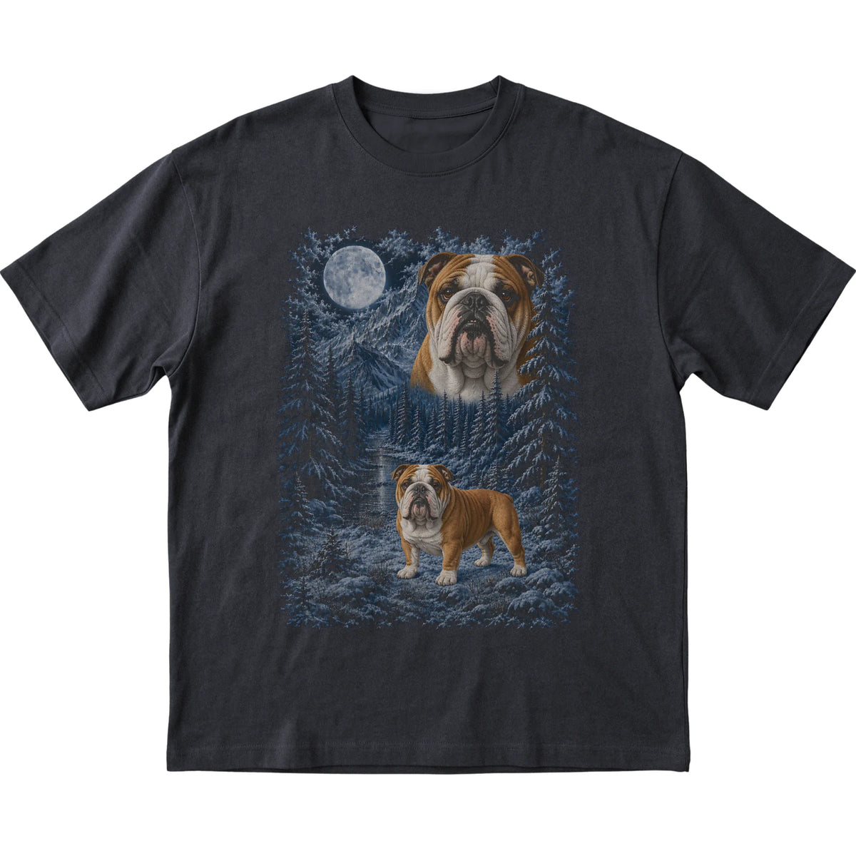 black T-shirt with Bulldog Winter Moon artwork.
