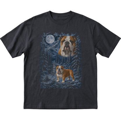 black T-shirt with Bulldog Winter Moon artwork.