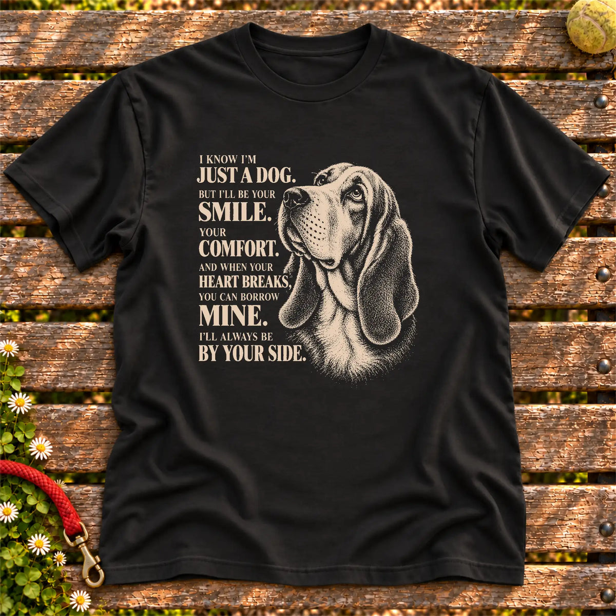 Black Gildan® Softstyle T-shirt featuring the Basset Hound By Your Side design.
