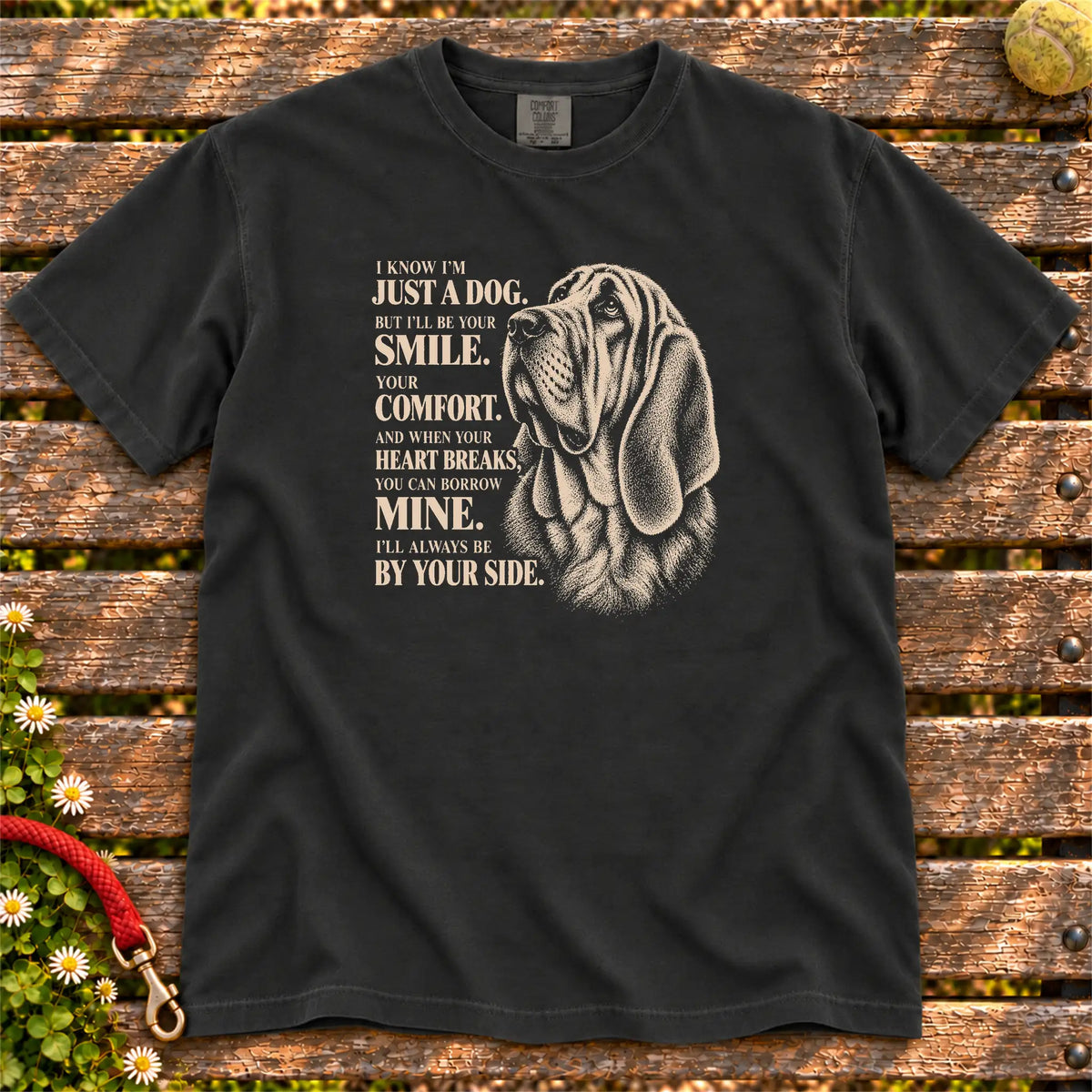 Black Comfort Colors® T-shirt featuring the Bloodhound By Your Side design.
