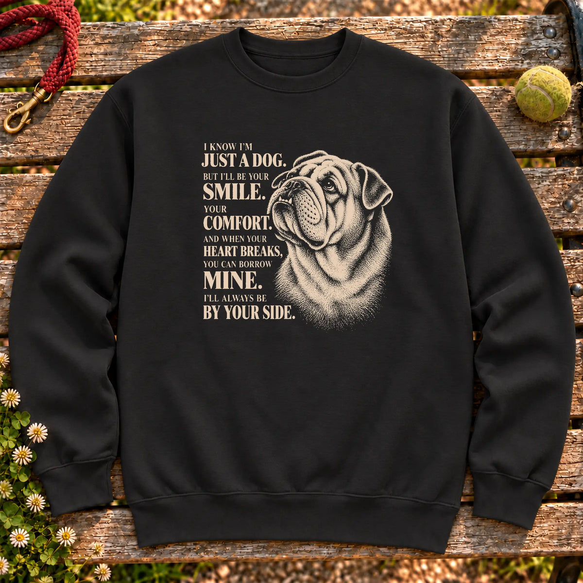 Black Gildan® crewneck sweatshirt featuring the Bulldog By Your Side design.