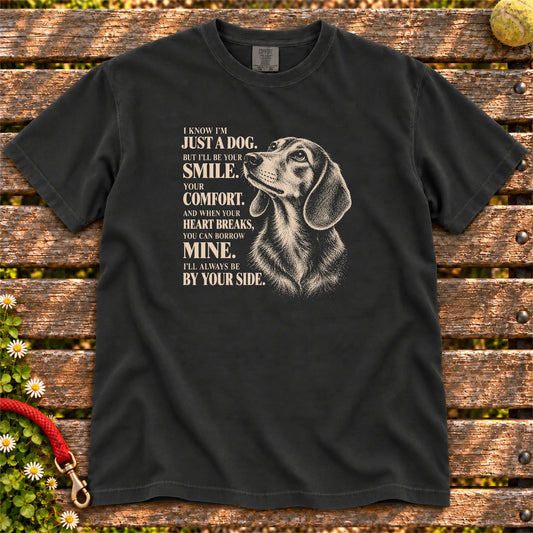 Black Comfort Colors® T-shirt featuring the Dachshund By Your Side design.