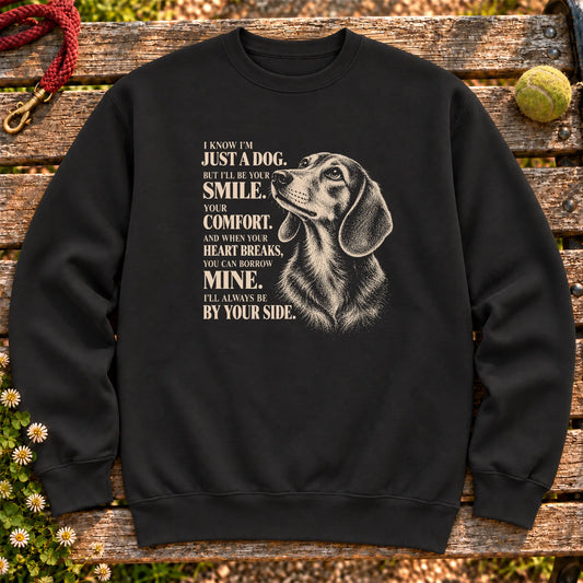Black Gildan® crewneck sweatshirt featuring the Dachshund By Your Side design.