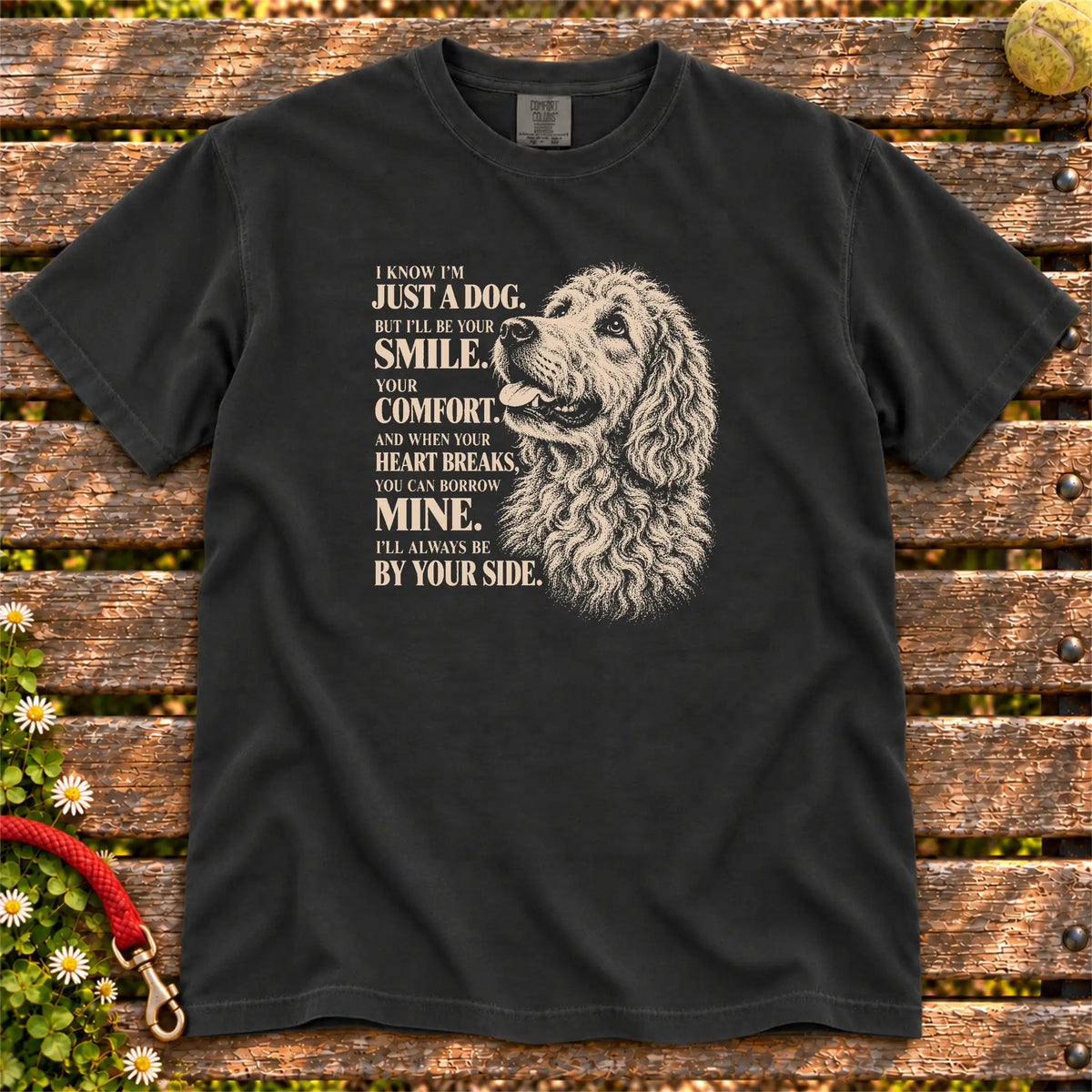 Black Comfort Colors® T-shirt featuring the Goldendoodle By Your Side design.