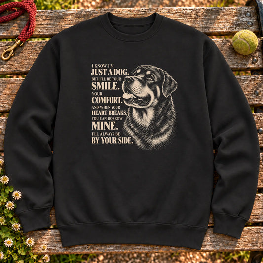 Black Gildan® crewneck sweatshirt featuring the Rottweiler By Your Side design.