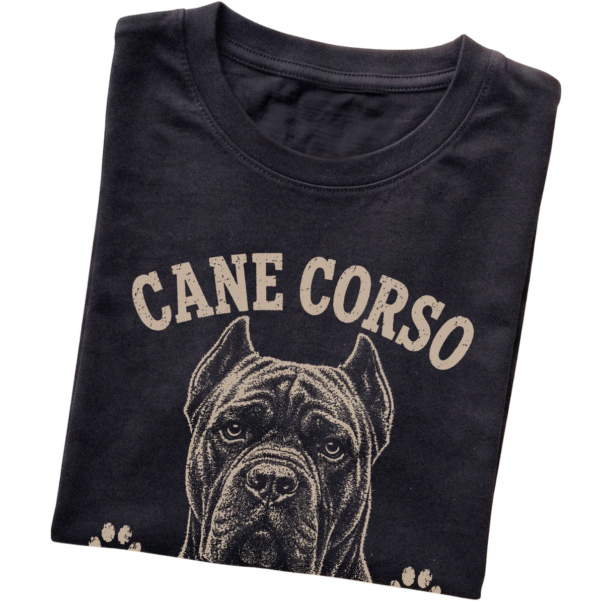 Black T-shirt featuring Calm Until It's Time Not To Be - Cane Corso, folded presentation
