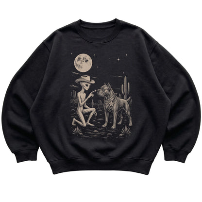 Black crewneck sweatshirt featuring Cane Corso Cowboy and Alien, laid-flat presentation