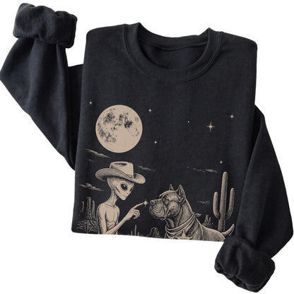 Black crewneck sweatshirt featuring Cane Corso Cowboy and Alien, folded presentation