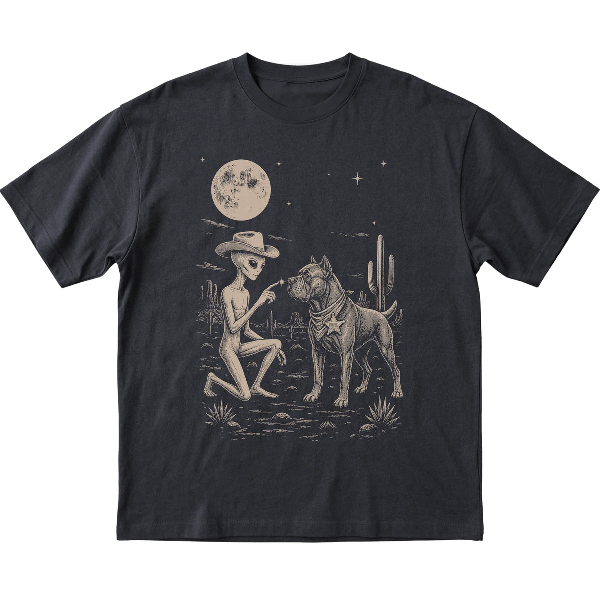 Black T-shirt featuring Cane Corso Cowboy and Alien, laid-flat presentation