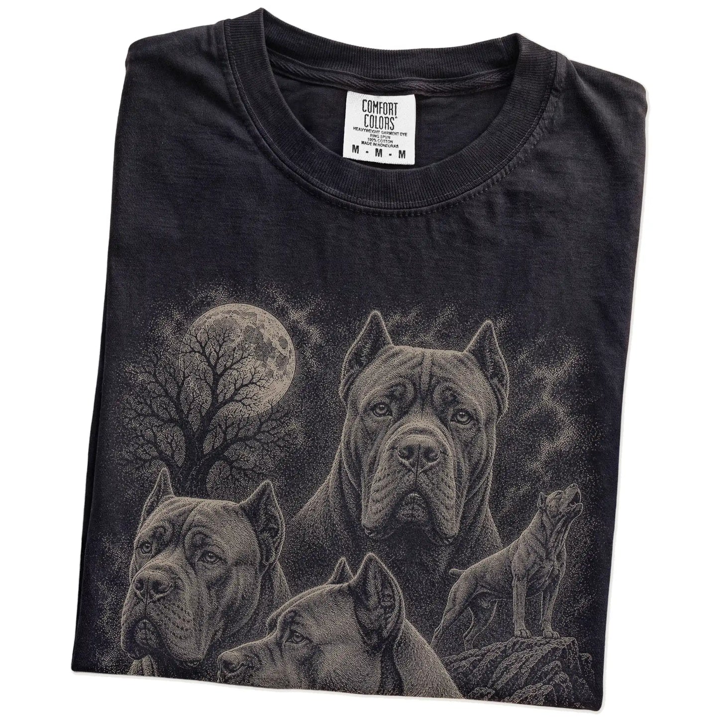 Folded Black Comfort Colors® T-shirt showing a vintage moon montage featuring Cane Corso