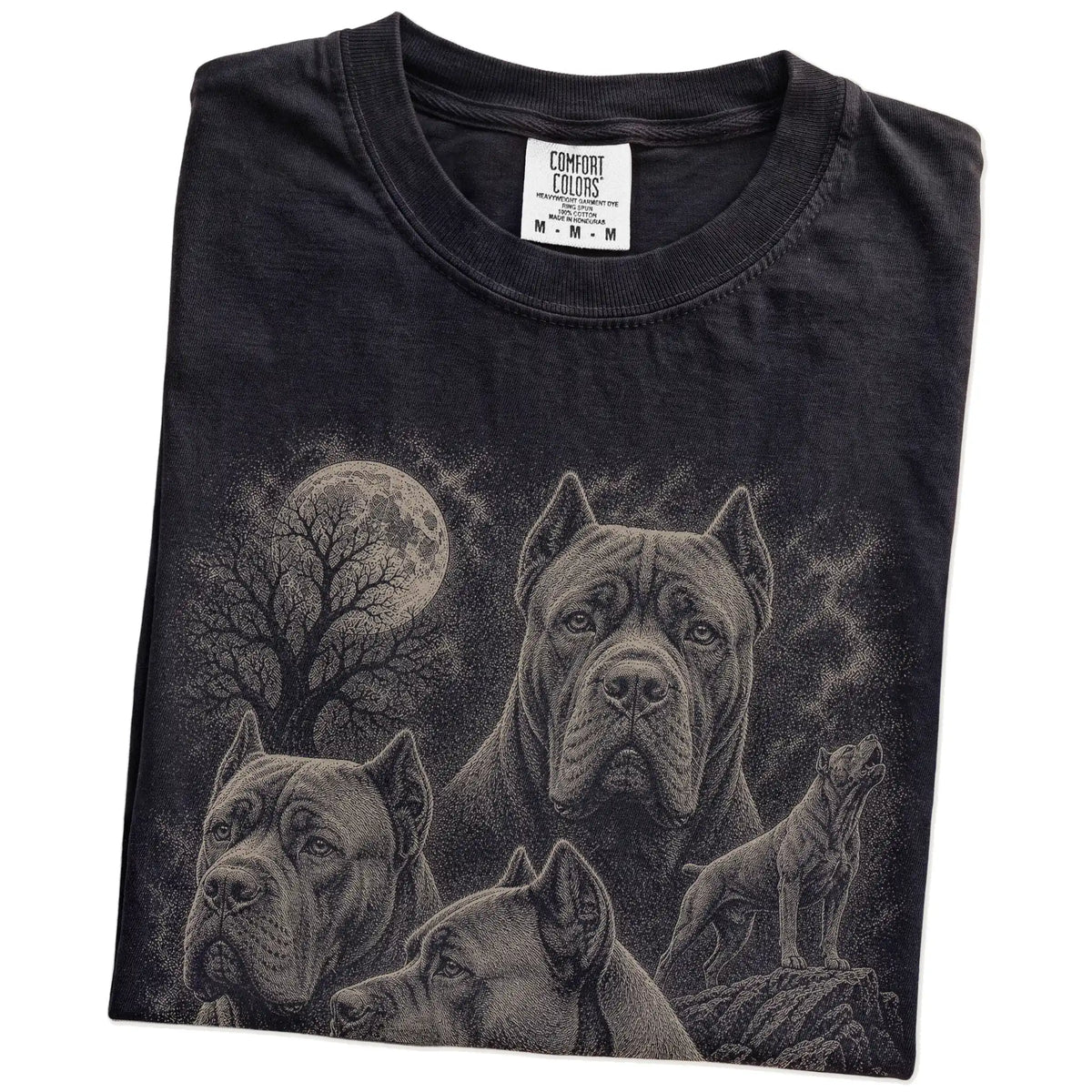 Folded Black Comfort Colors® T-shirt showing a vintage moon montage featuring Cane Corso