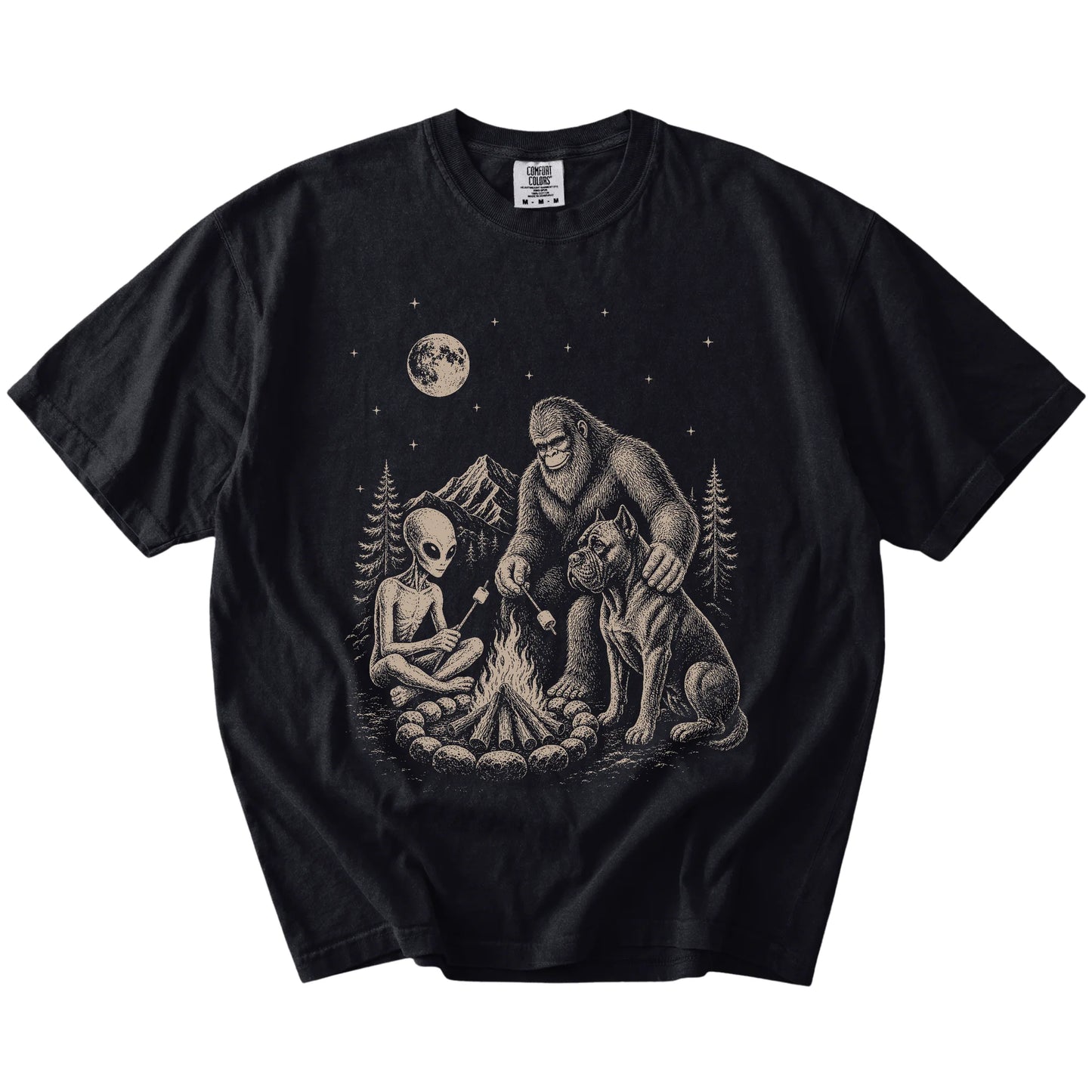 Cane Corso camping with Bigfoot and an alien on a Black Comfort Colors® T-shirt