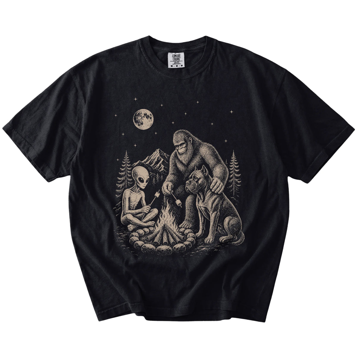 Cane Corso camping with Bigfoot and an alien on a Black Comfort Colors® T-shirt