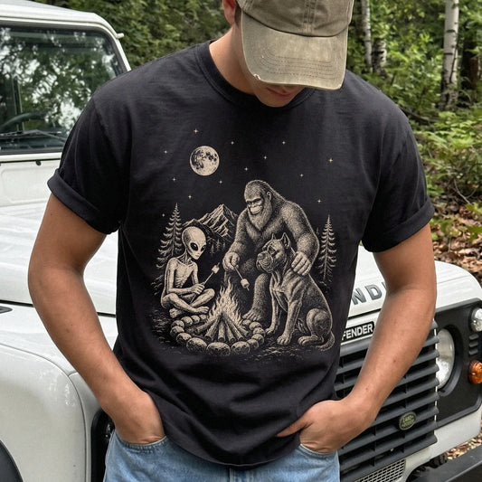 Model wearing a Black Comfort Colors® T-shirt showing Cane Corso camping with Bigfoot and an alien
