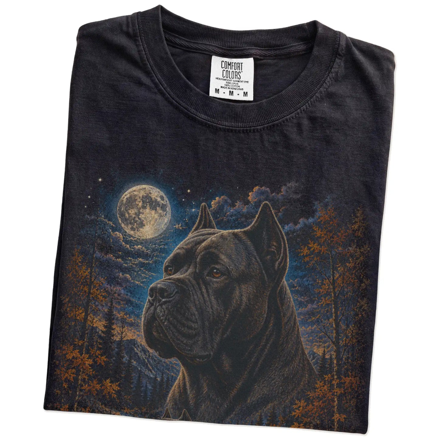 Folded Black Comfort Colors® t-shirt showing Cane Corso in a fall forest graphic