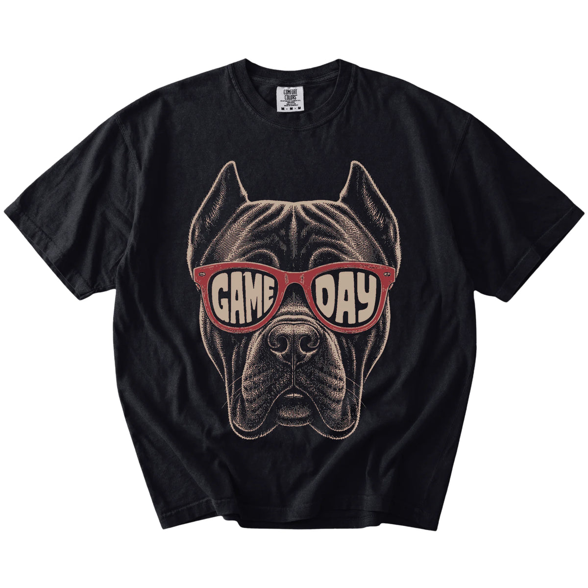 Cane Corso wearing red Game Day sunglasses on a Black Comfort Colors® T-shirt