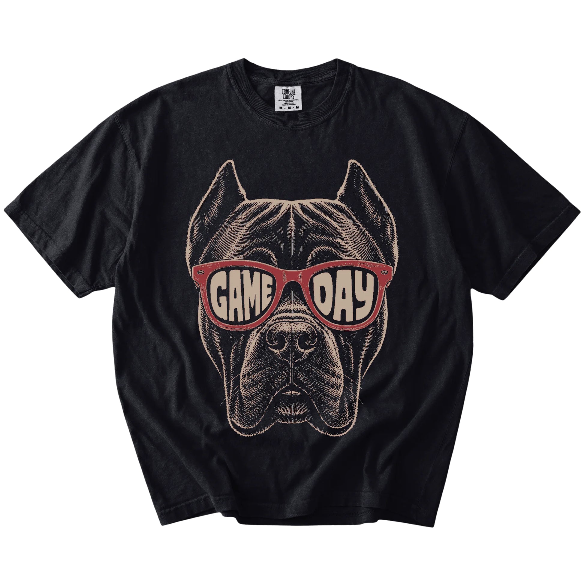Cane Corso wearing red Game Day sunglasses on a Black Comfort Colors® T-shirt