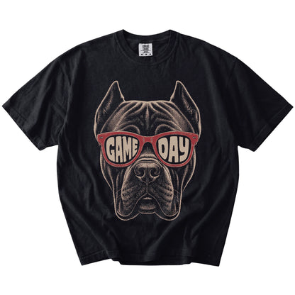 Cane Corso wearing red Game Day sunglasses on a Black Comfort Colors® T-shirt