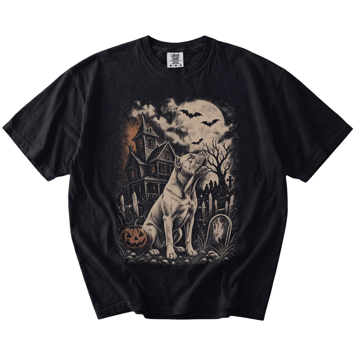 Cane Corso in a vintage haunted-house scene on a Black Comfort Colors® T-shirt