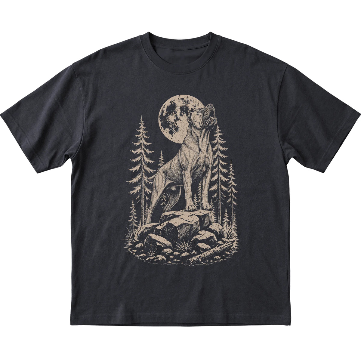 Close view of Cane Corso Howling at the Moon artwork on Black softstyle T-shirt