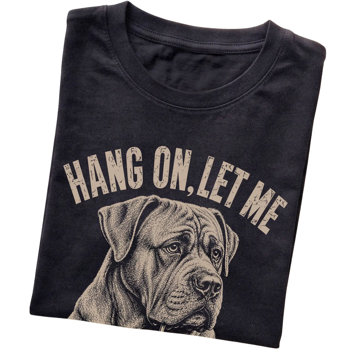 Black T-shirt featuring Overthinking Cane Corso, folded presentation