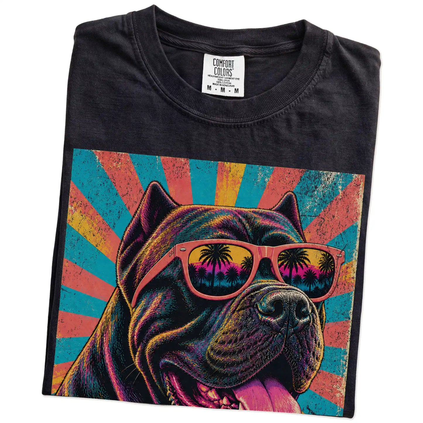 Retro Cane Corso Mama design on a Black Comfort Colors T-shirt folded detail