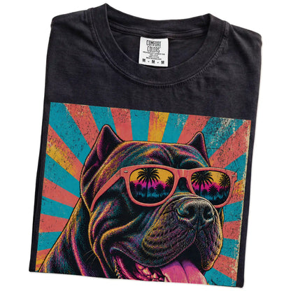 Retro Cane Corso Mama design on a Black Comfort Colors T-shirt folded detail