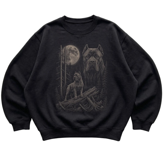 Cane Corso Moonlit Forest graphic on a black crewneck sweatshirt laid flat